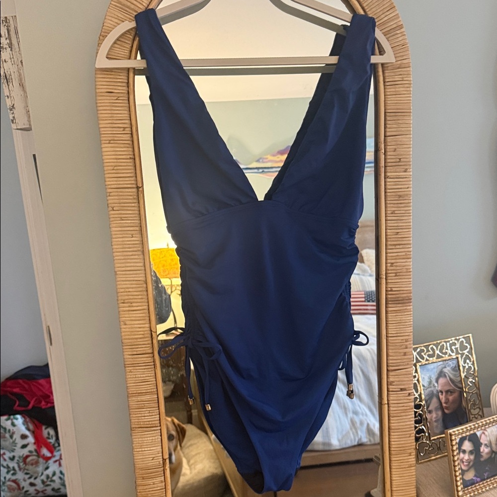 Lauren Ralph Lauren Navy Deep-V One-Piece Swimsuit with Side Ties